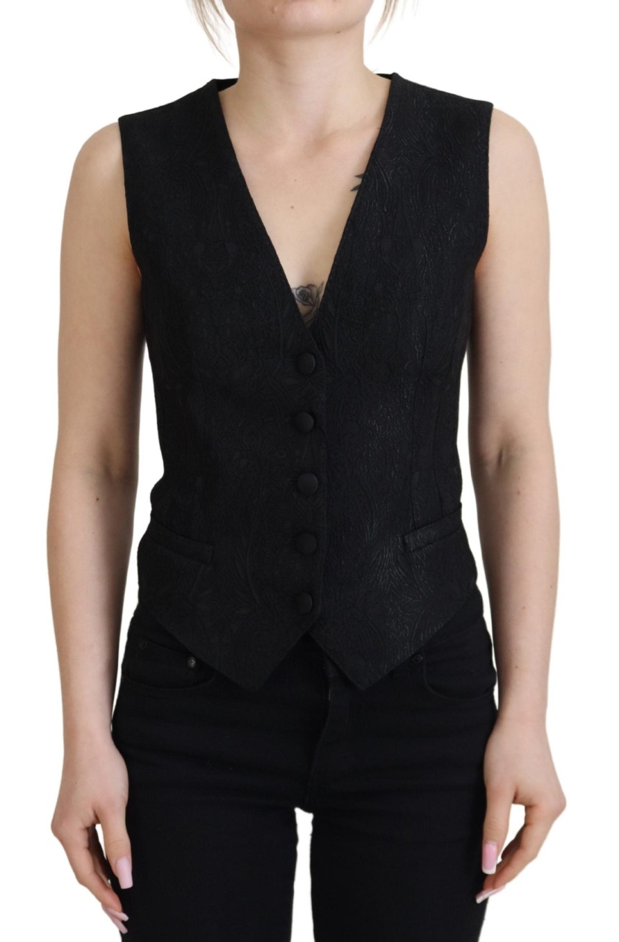 Women Dolce & Gabbana Women'S Vest | Dolce & Gabbana Black Brocade Button Down Sleeveless Vest Top