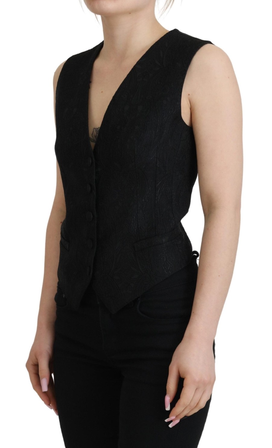 Women Dolce & Gabbana Women'S Vest | Dolce & Gabbana Black Brocade Button Down Sleeveless Vest Top