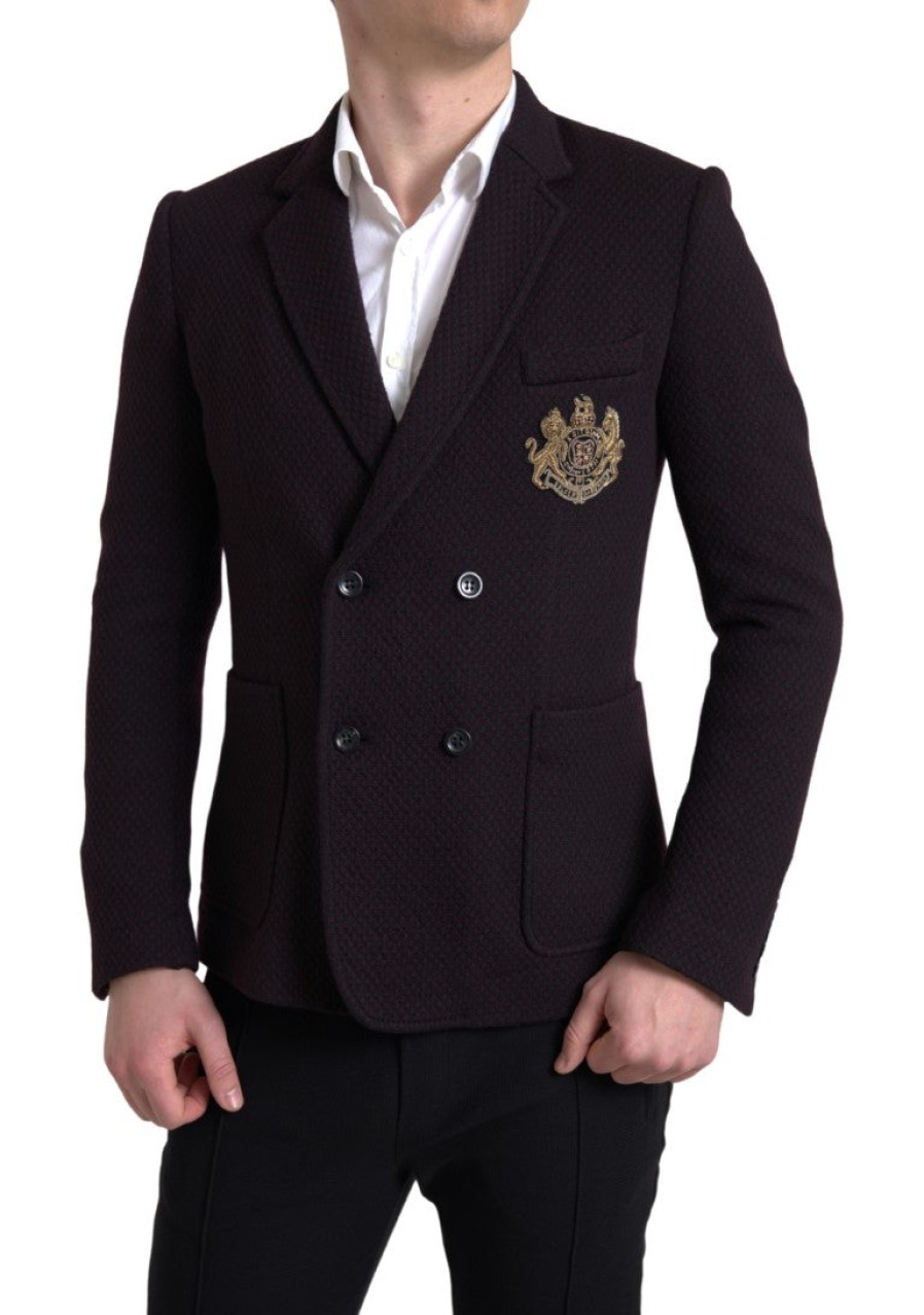 Men Dolce & Gabbana Men'S Blazers | Dolce & Gabbana Purple Logo Embroidery Double Breasted Blazer