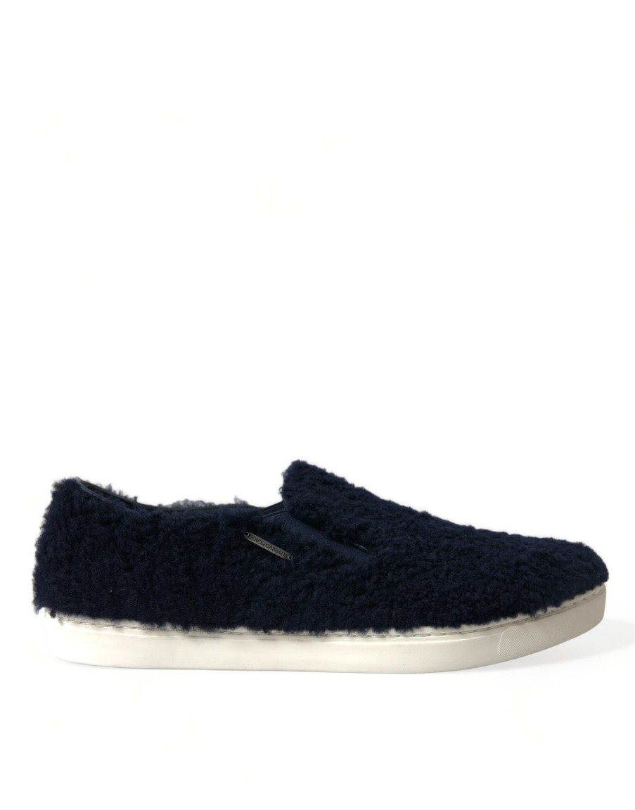 Men Dolce & Gabbana Men'S Loafers | Dolce & Gabbana Blue Shearling Slip Loafers Sneakers Shoes