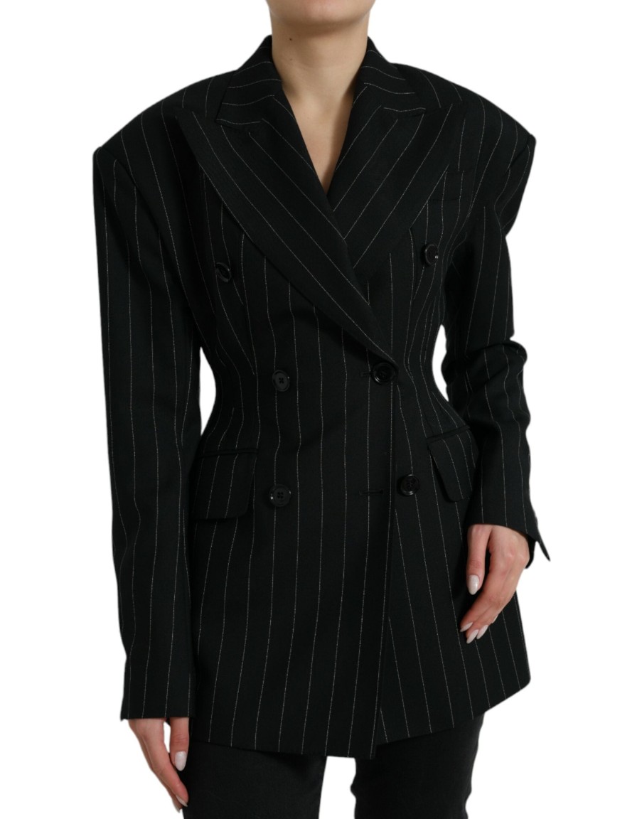 Women Dolce & Gabbana Women'S Jackets & Coats | Dolce & Gabbana Black Striped Wool Doublebreasted Coat Jacket