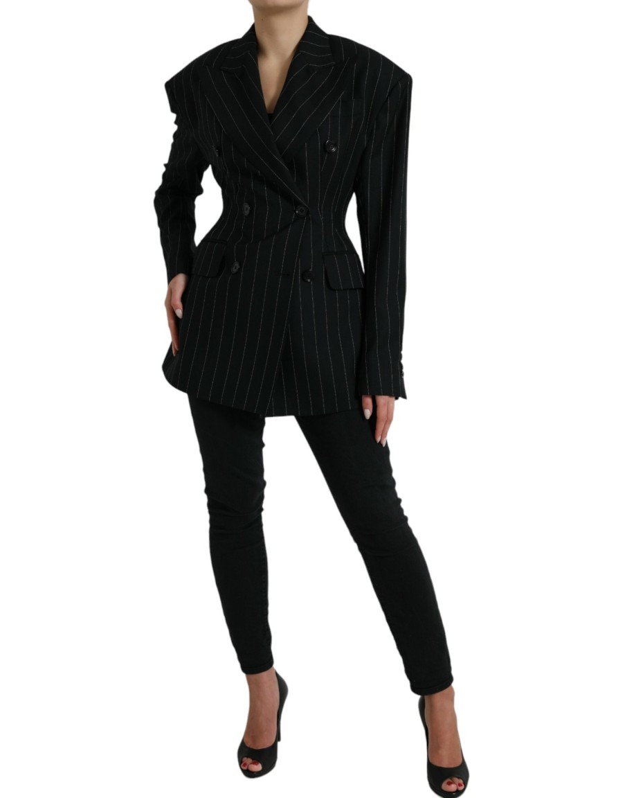 Women Dolce & Gabbana Women'S Jackets & Coats | Dolce & Gabbana Black Striped Wool Doublebreasted Coat Jacket