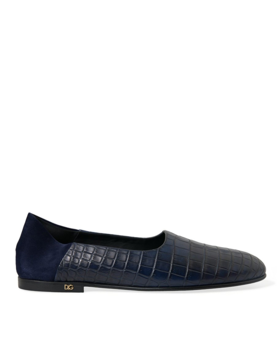 Men Dolce & Gabbana | Dolce & Gabbana Blue Crocodile Leather Loafers Slip On Shoes