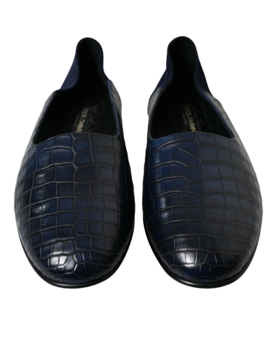 Men Dolce & Gabbana | Dolce & Gabbana Blue Crocodile Leather Loafers Slip On Shoes