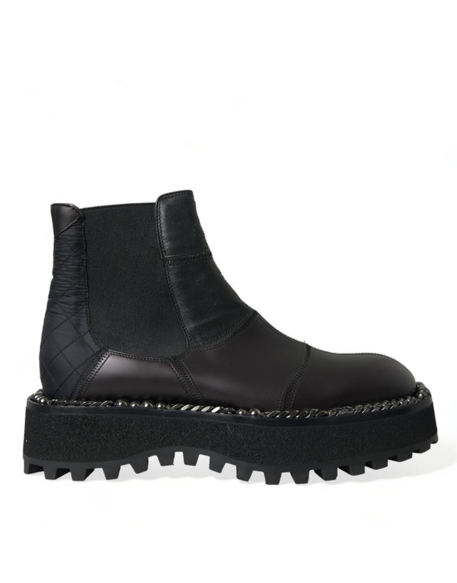 Men Dolce & Gabbana | Dolce & Gabbana Black Leather Slip On Stretch Chelsea Boots Shoes