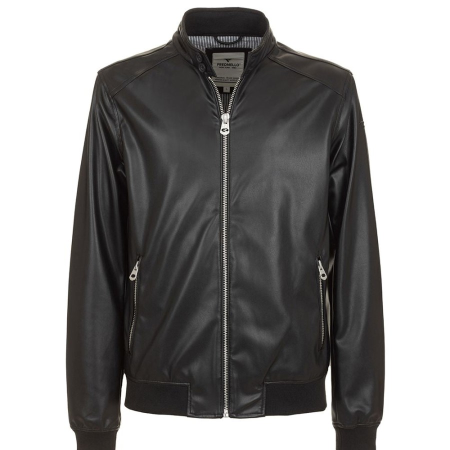 Men Fred Mello Men'S Jackets | Fred Mello Eco-Leather Zip-Up Jacket With Buttoned Collar