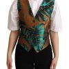 Women Dolce & Gabbana Women'S Vest | Dolce & Gabbana Green Jacquard Leaf Gold Waistcoat Vest