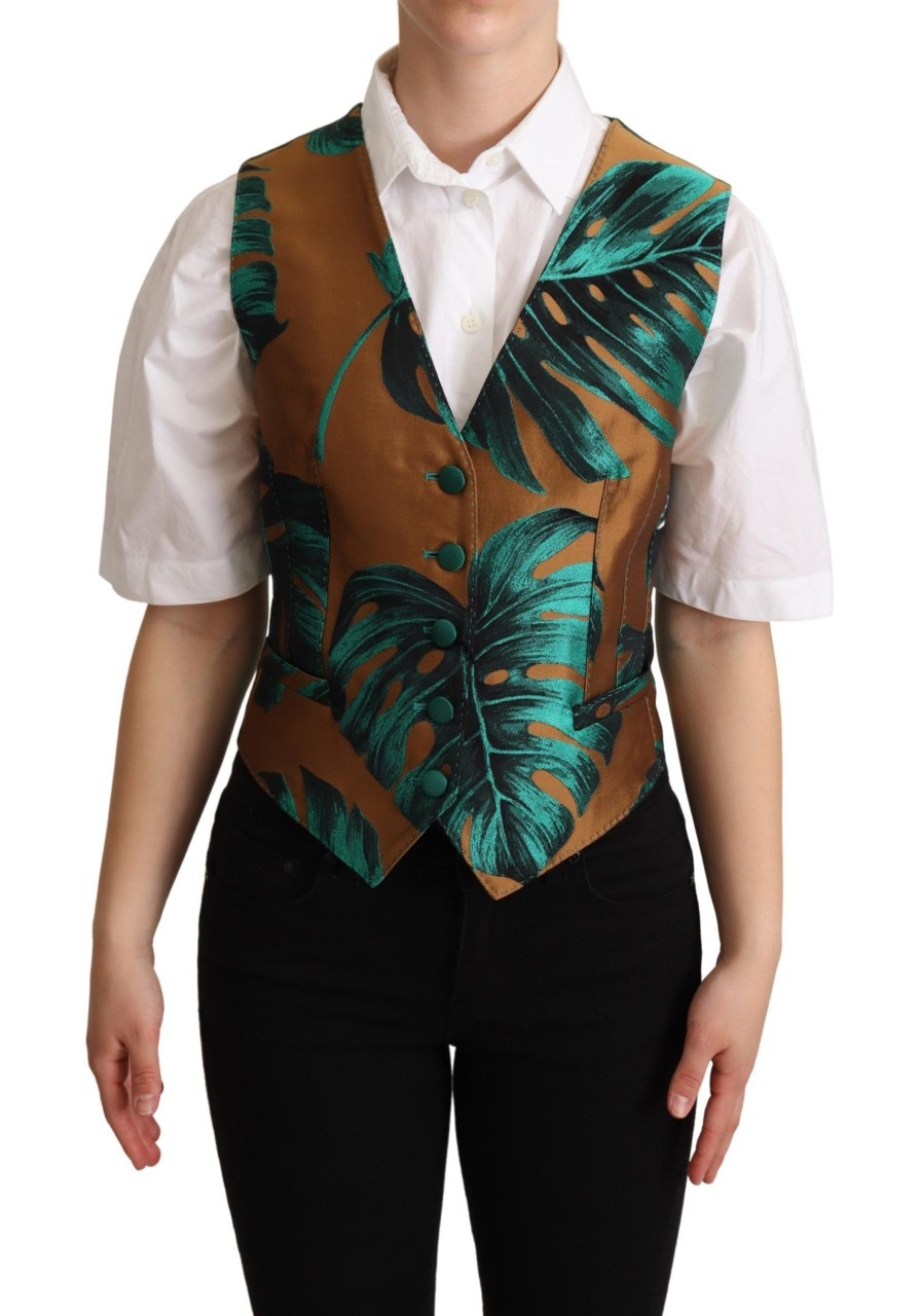 Women Dolce & Gabbana Women'S Vest | Dolce & Gabbana Green Jacquard Leaf Gold Waistcoat Vest