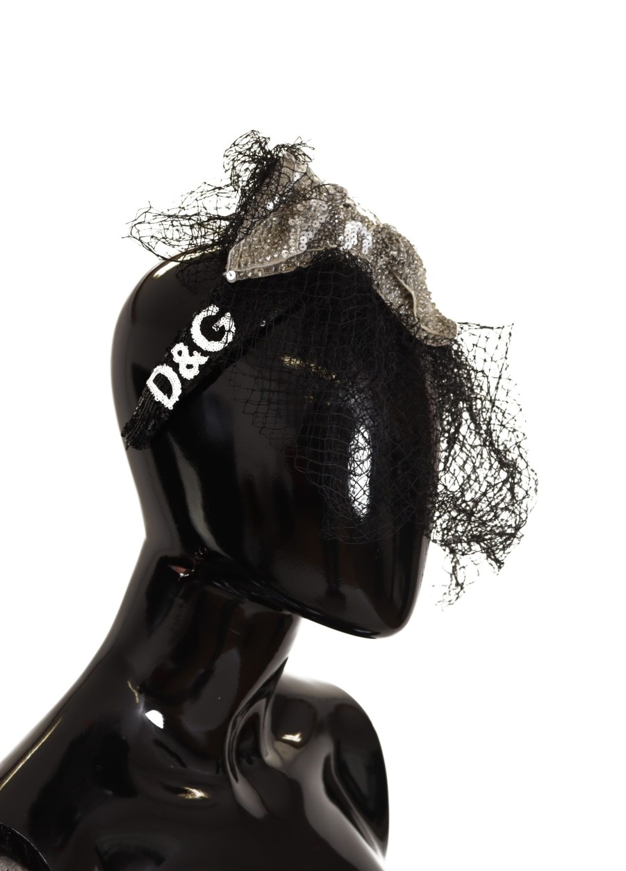 Women Dolce & Gabbana Women'S Headbands | Dolce & Gabbana Black Logo Sequined Fascinator Diadem Headband