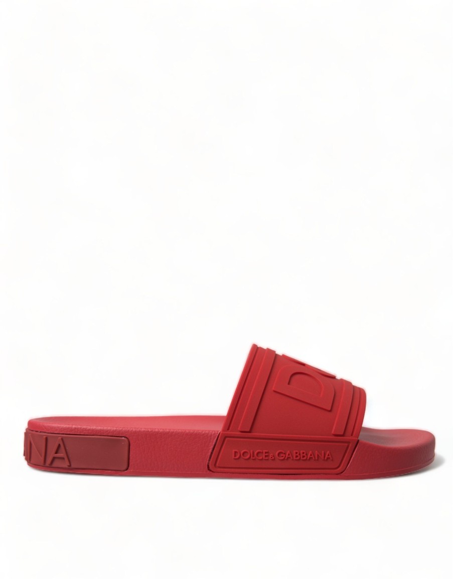 Men Dolce & Gabbana Men'S Slide Sandals | Dolce & Gabbana Red Rubber Summer Beach Slides Sandals