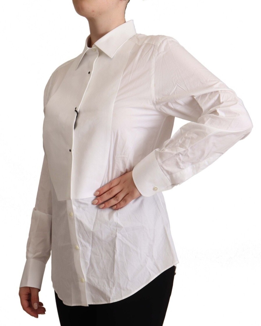 Women Dolce & Gabbana Women'S Shirts | Dolce & Gabbana White Cotton Collared Long Sleeve Shirt Top