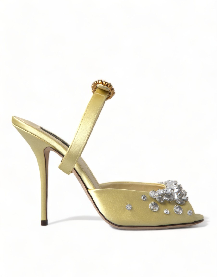 Women Dolce & Gabbana Women'S Sandals | Dolce & Gabbana Yellow Satin Crystal Mary Janes Sandals