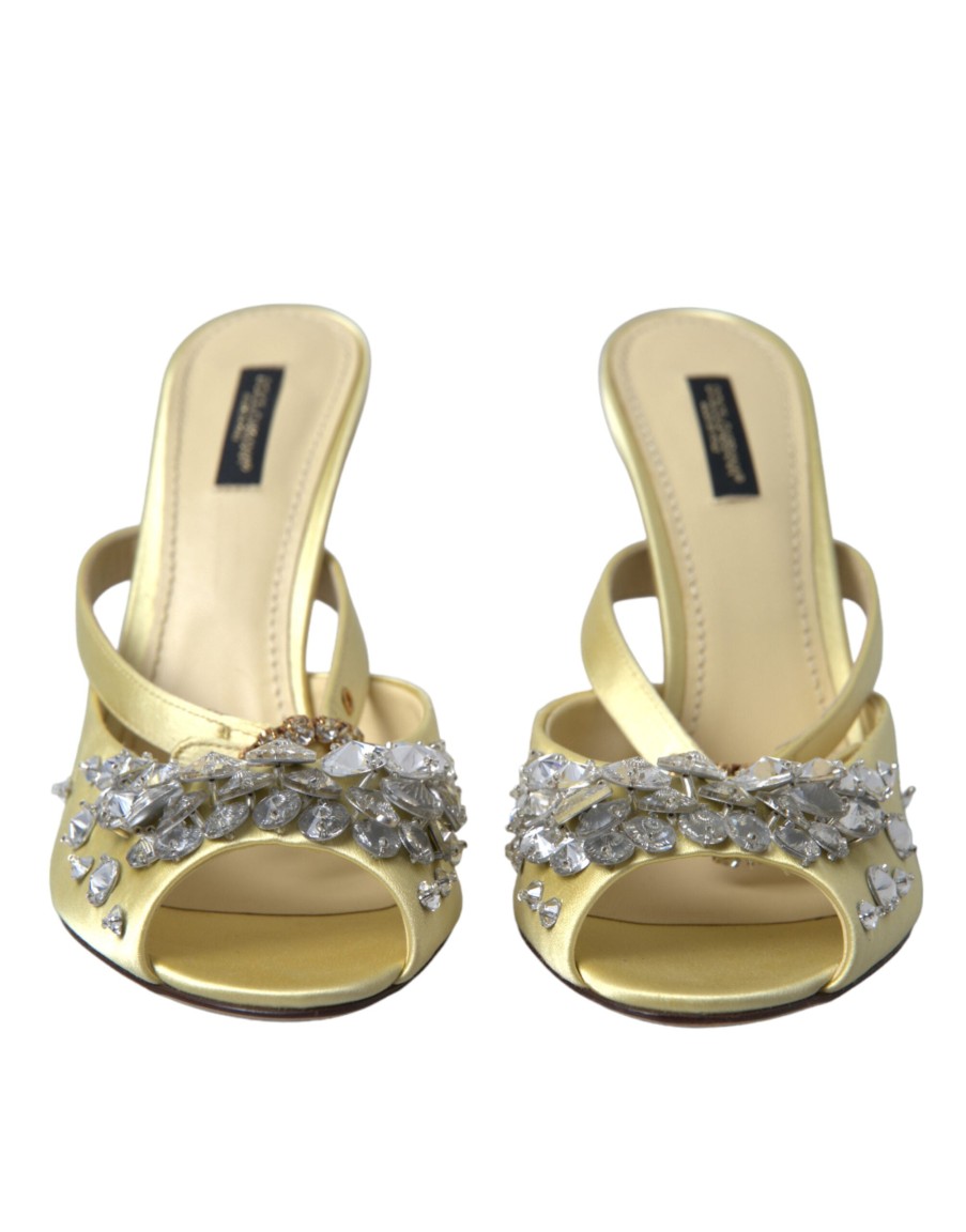 Women Dolce & Gabbana Women'S Sandals | Dolce & Gabbana Yellow Satin Crystal Mary Janes Sandals