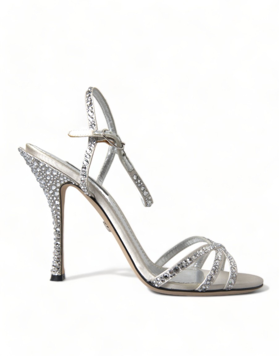 Women Dolce & Gabbana Women'S Sandals | Dolce & Gabbana Silver Crystal Ankle Strap Sandals Shoes