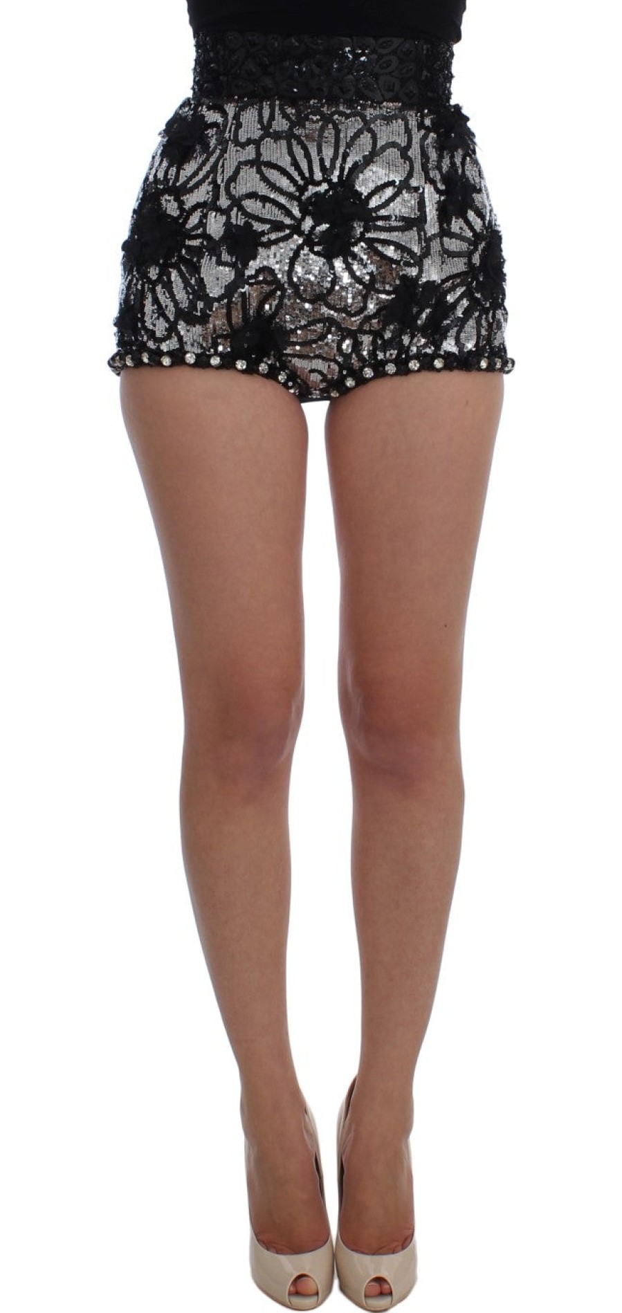 Women Dolce & Gabbana Women'S Shorts | Dolce & Gabbana Black Crystal Sequined Mini Shorts