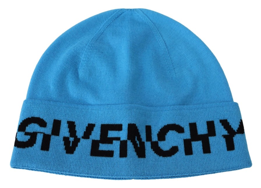 Men Givenchy Men'S Hats & Caps | Givenchy Blue Wool Hat Logo Winter Warm Beanie Unisex Hat