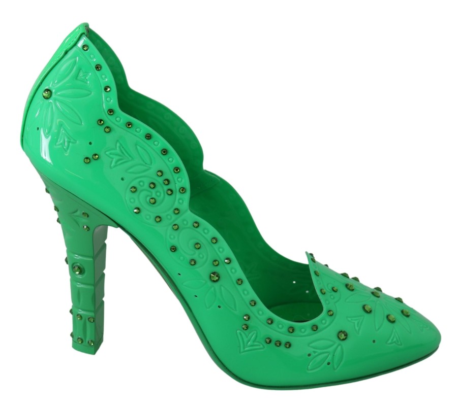 Women Dolce & Gabbana Women'S Pumps | Dolce & Gabbana Green Crystal Floral Heels Cinderella Shoes