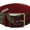 Women Dolce & Gabbana Women'S Belts | Dolce & Gabbana Red Embroidered Leather Gold Logo Metal Buckle Belt