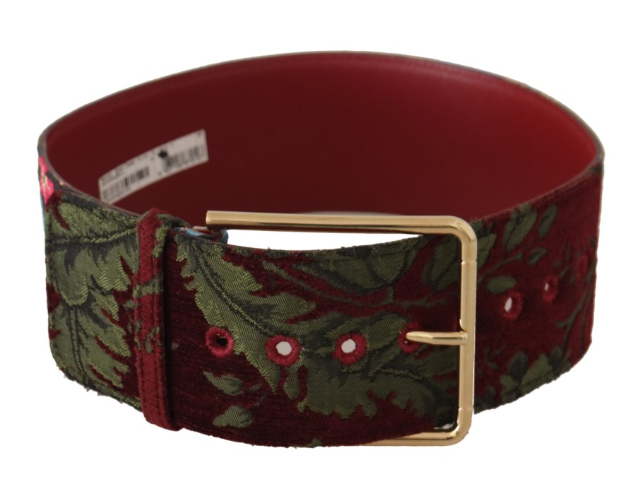 Women Dolce & Gabbana Women'S Belts | Dolce & Gabbana Red Embroidered Leather Gold Logo Metal Buckle Belt