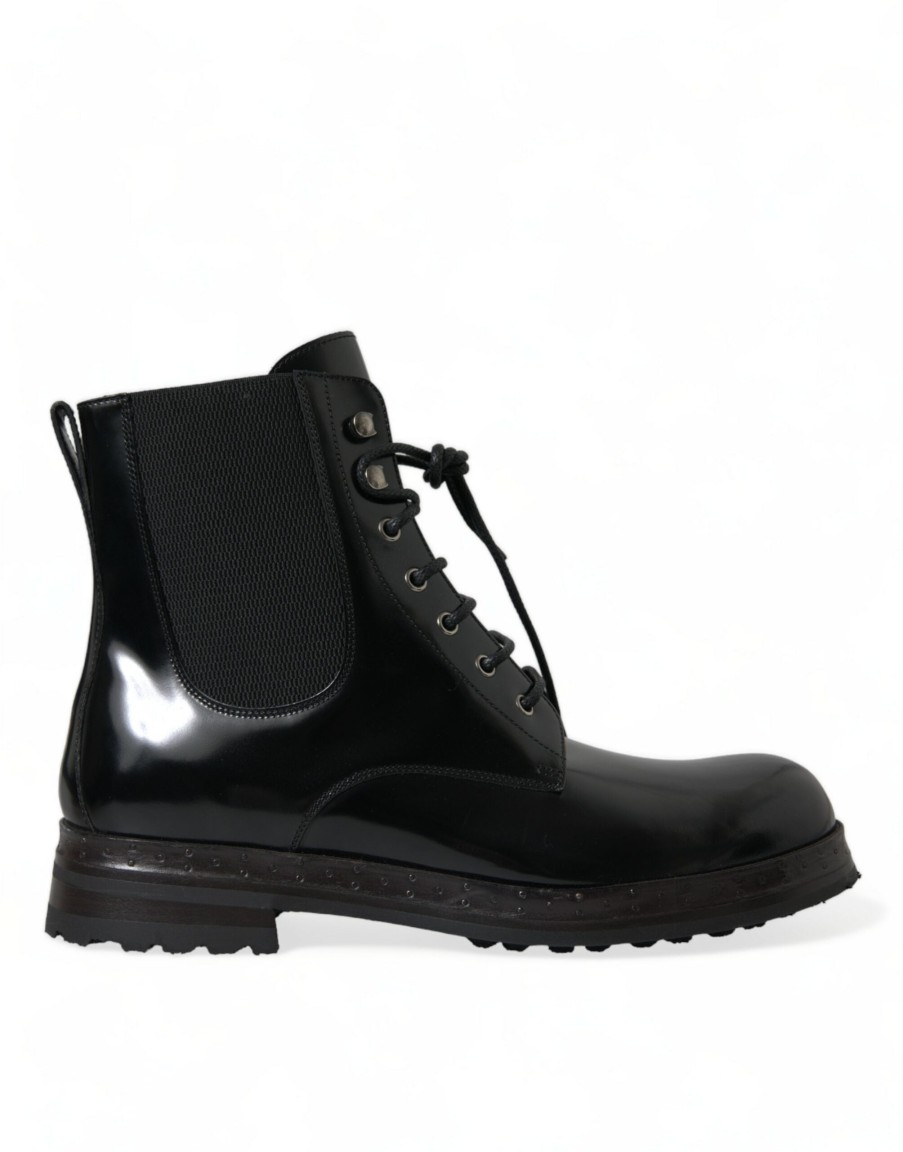 Men Dolce & Gabbana | Dolce & Gabbana Black Leather Lace Up Mid Calf Boots Shoes