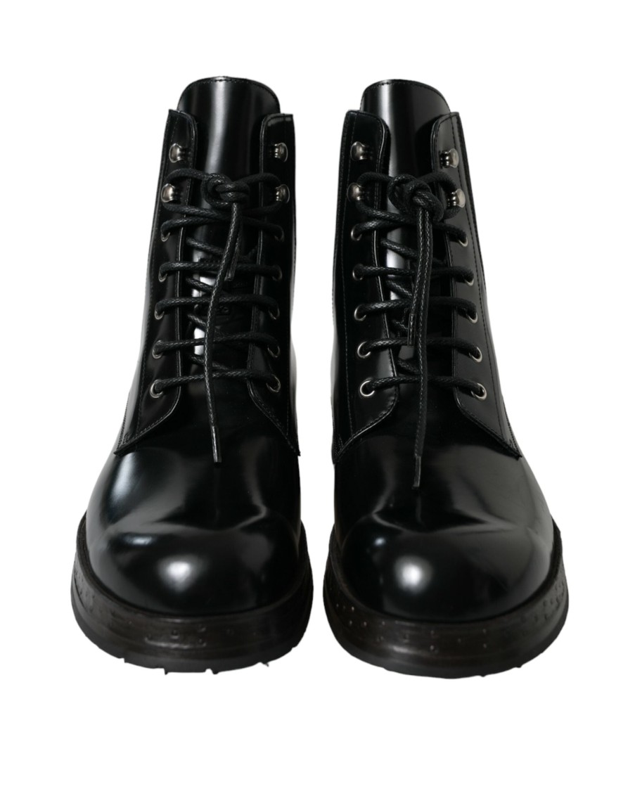 Men Dolce & Gabbana | Dolce & Gabbana Black Leather Lace Up Mid Calf Boots Shoes