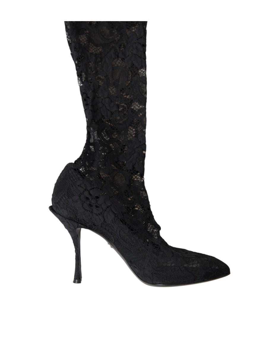 Women Dolce & Gabbana Women'S Boots | Dolce & Gabbana Black Stretch Socks Taormina Lace Boots Shoes