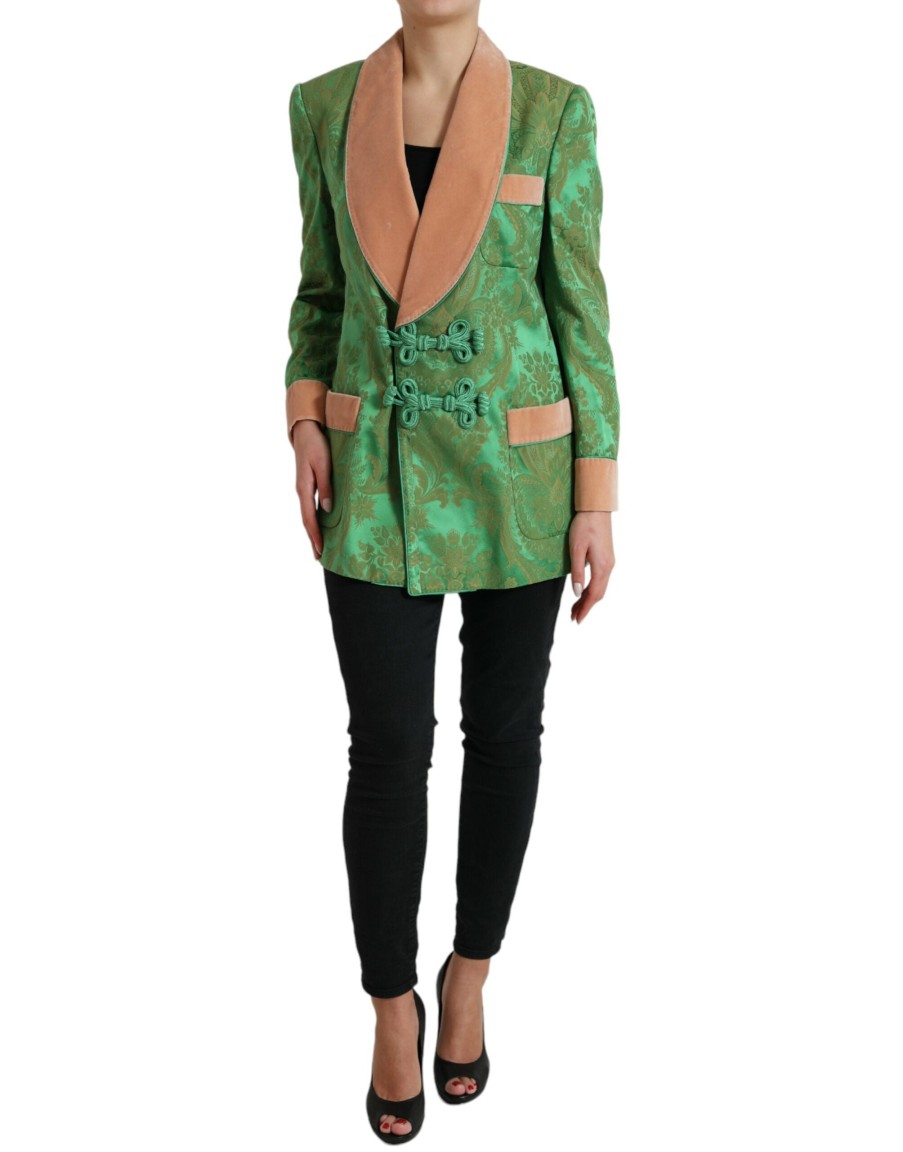 Women Dolce & Gabbana Women'S Jackets & Coats | Dolce & Gabbana Green Floral Double Breasted Coat Jacket