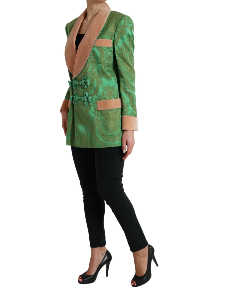 Women Dolce & Gabbana Women'S Jackets & Coats | Dolce & Gabbana Green Floral Double Breasted Coat Jacket