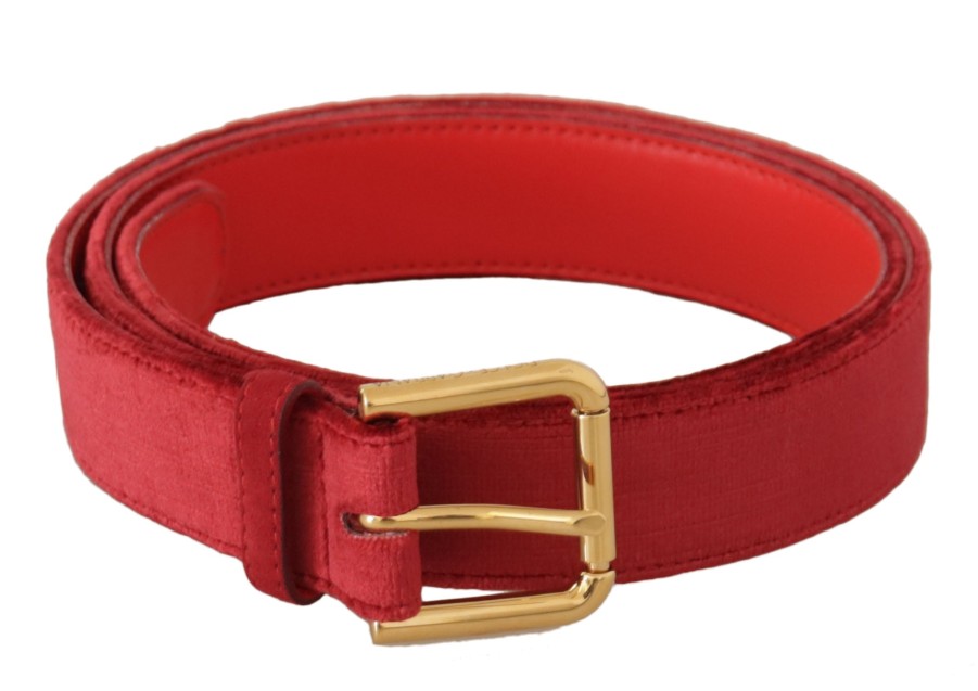 Women Dolce & Gabbana Women'S Belts | Dolce & Gabbana Red Velvet Gold Logo Engraved Metal Buckle Belt