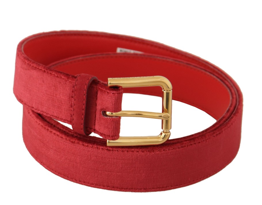 Women Dolce & Gabbana Women'S Belts | Dolce & Gabbana Red Velvet Gold Logo Engraved Metal Buckle Belt