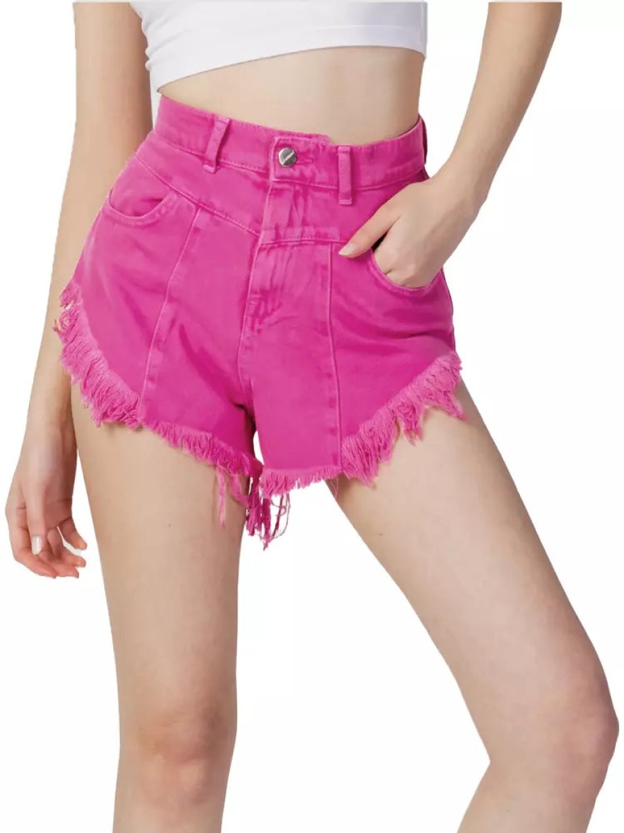 Women Hinnominate Women'S Shorts | Hinnominate Chic Fuchsia Cotton Shorts With Fringed Edge