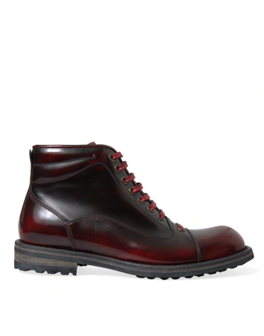 Men Dolce & Gabbana Men'S Boots | Dolce & Gabbana Black Red Leather Lace Up Ankle Boots Shoes