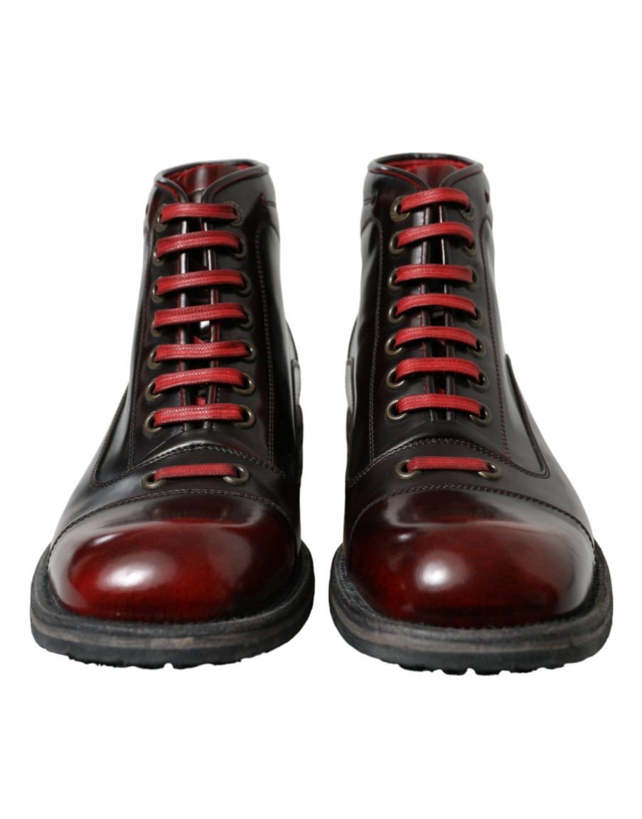 Men Dolce & Gabbana Men'S Boots | Dolce & Gabbana Black Red Leather Lace Up Ankle Boots Shoes