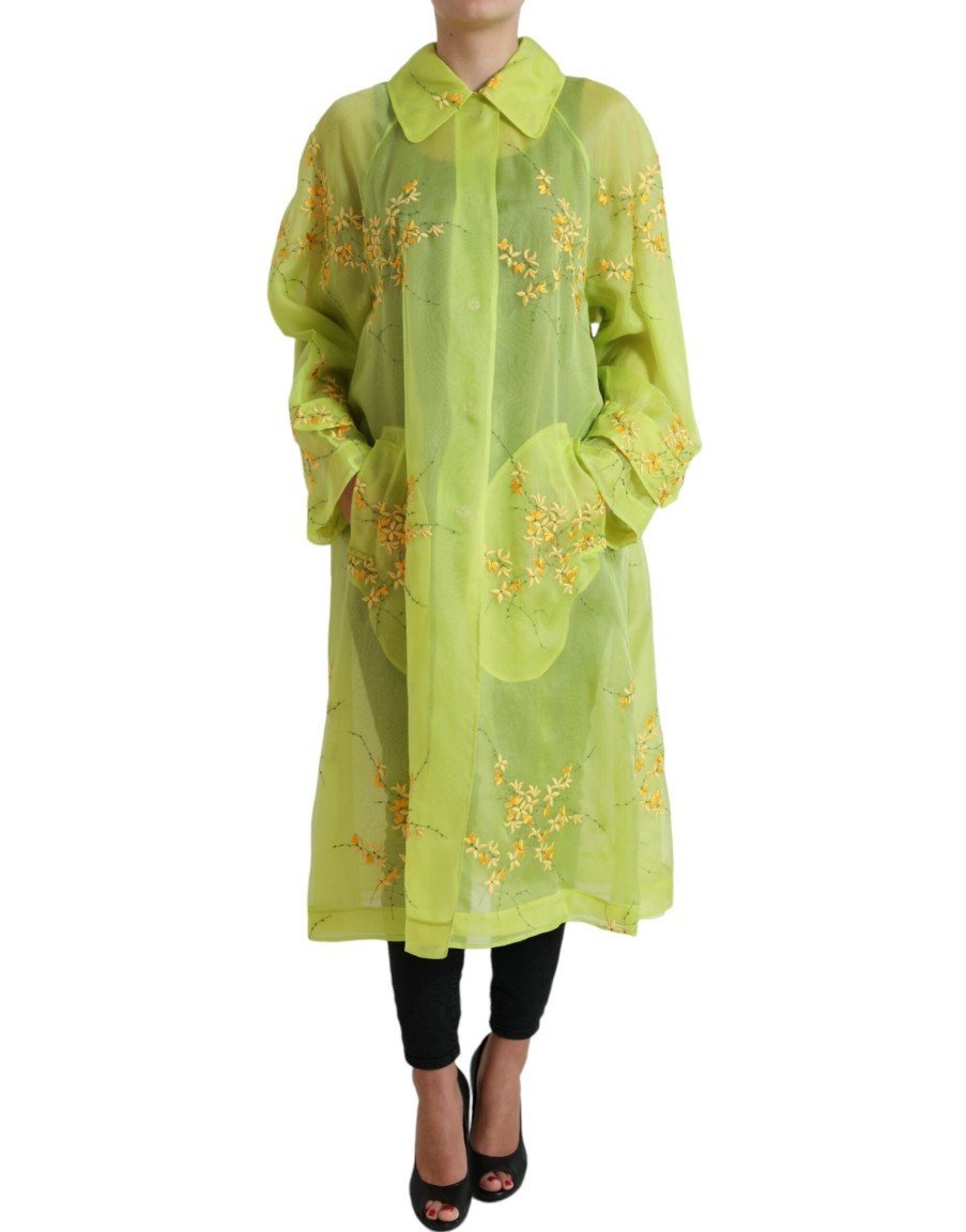 Women Dolce & Gabbana Women'S Jackets & Coats | Dolce & Gabbana Green Silk Floral Embroidery Long Coat Jacket