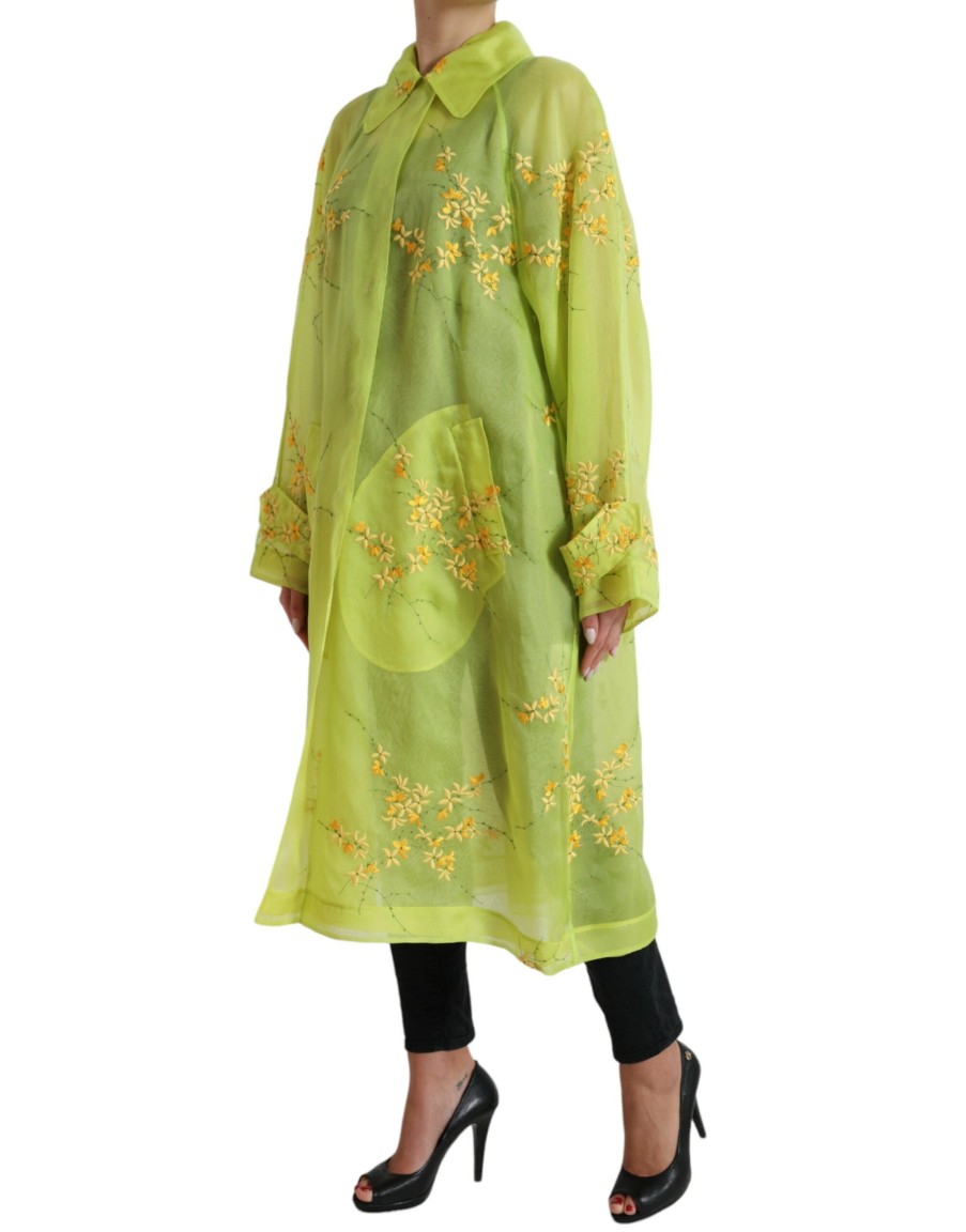 Women Dolce & Gabbana Women'S Jackets & Coats | Dolce & Gabbana Green Silk Floral Embroidery Long Coat Jacket