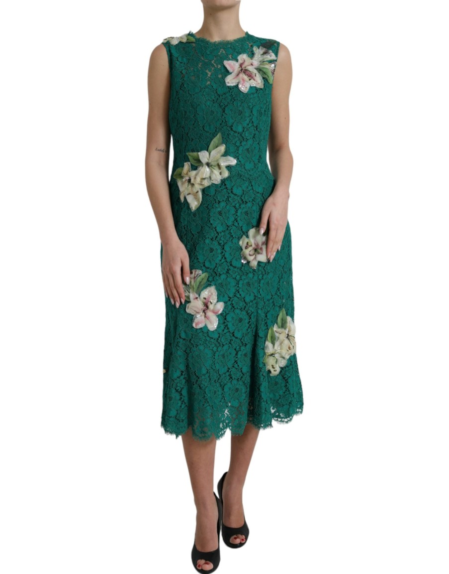 Women Dolce & Gabbana Women'S Dresses | Dolce & Gabbana Green Lace Floral Applique Aline Midi Dress