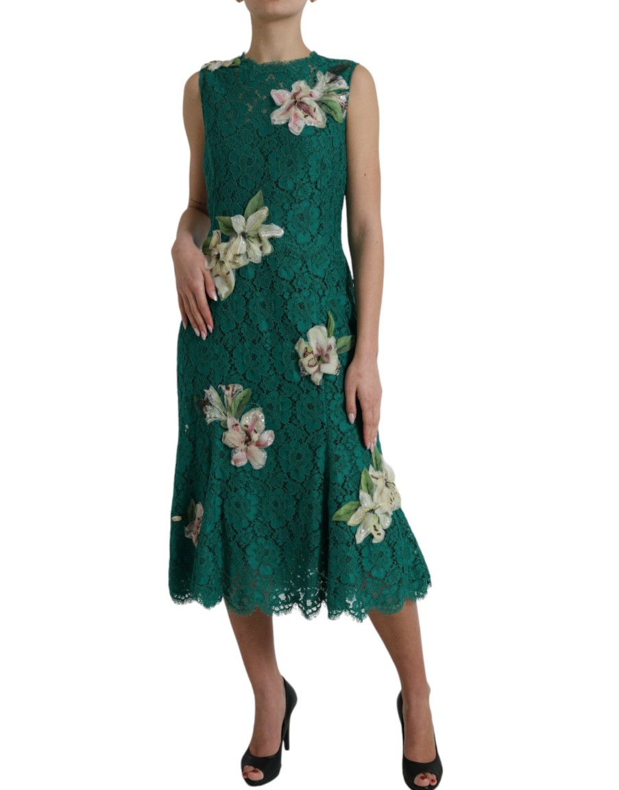 Women Dolce & Gabbana Women'S Dresses | Dolce & Gabbana Green Lace Floral Applique Aline Midi Dress