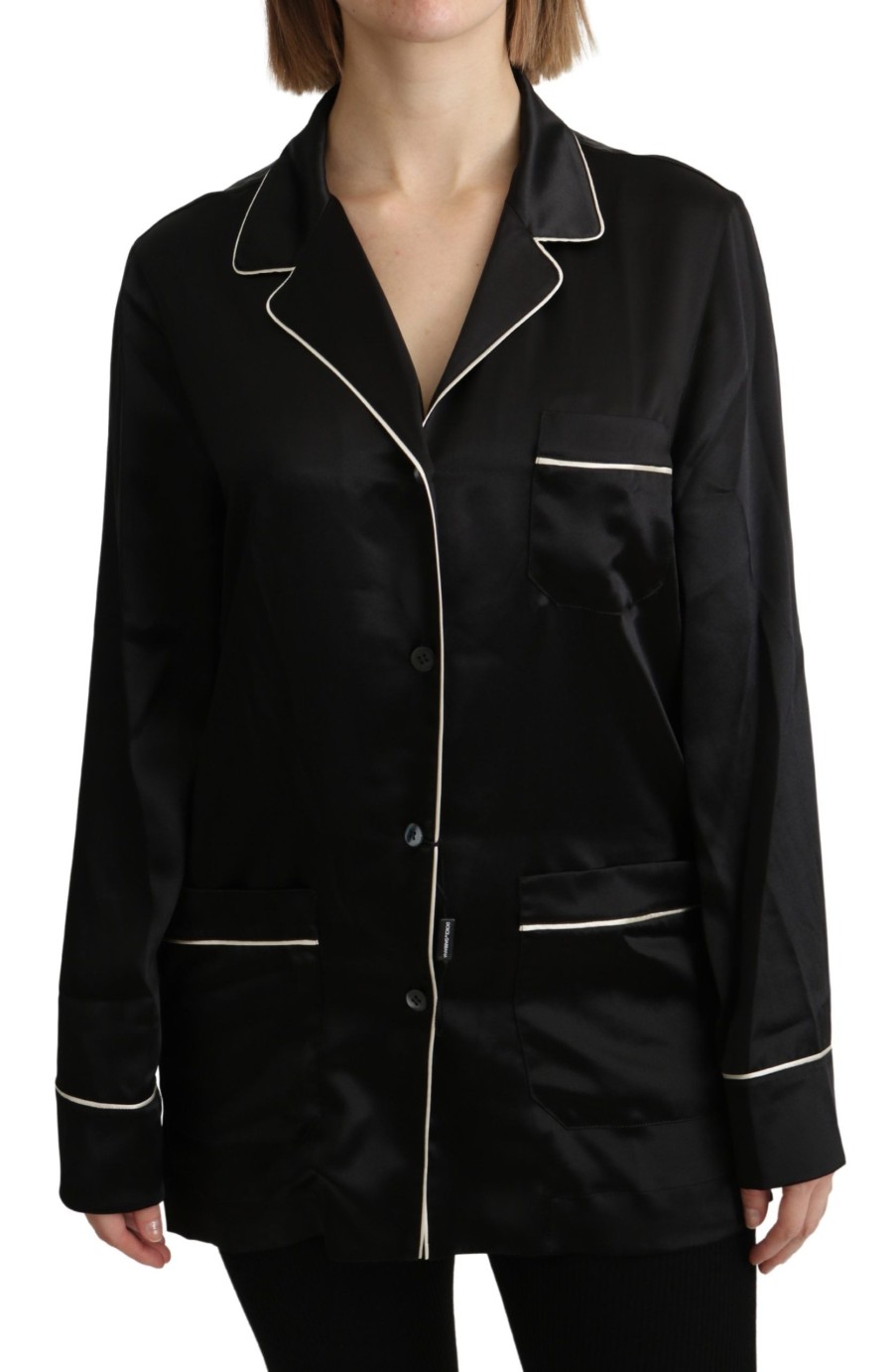 Women Dolce & Gabbana Women'S Shirts | Dolce & Gabbana Black Shirt Silk Stretch Top Blouse