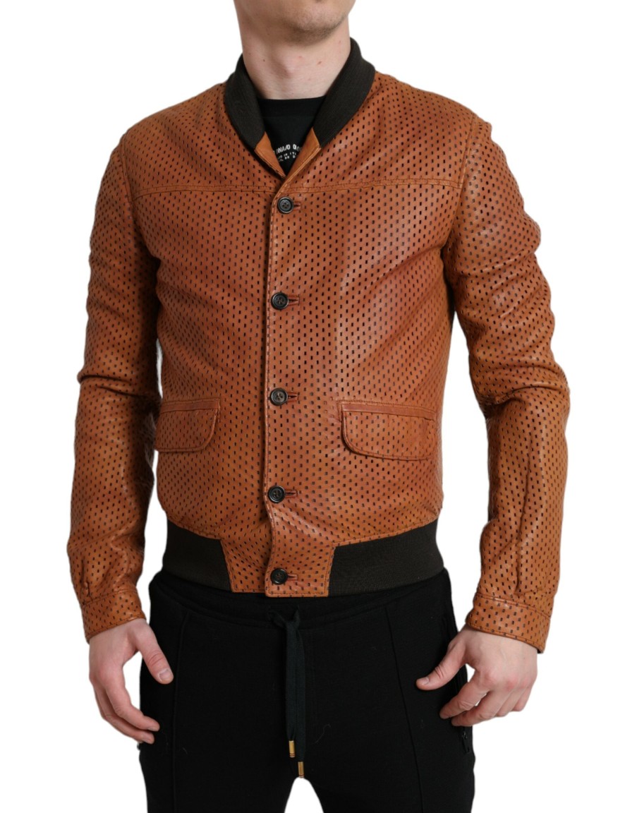 Men Dolce & Gabbana Men'S Jackets | Dolce & Gabbana Brown Lambskin Leather Perforated Jacket