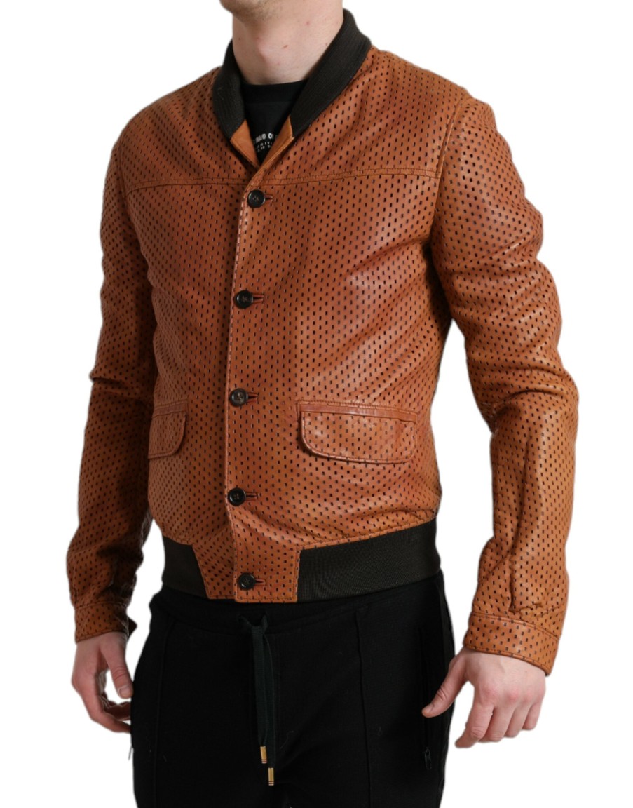 Men Dolce & Gabbana Men'S Jackets | Dolce & Gabbana Brown Lambskin Leather Perforated Jacket