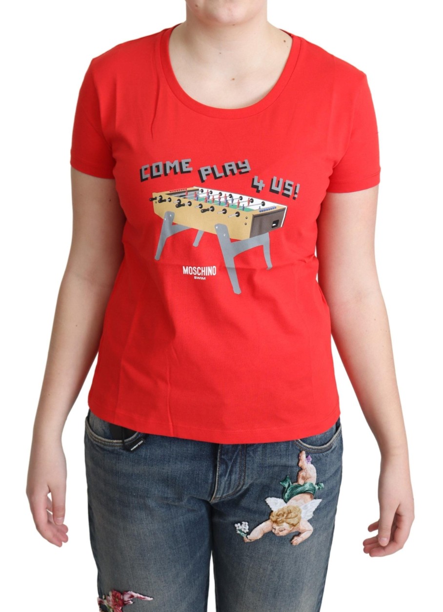 Women Moschino Women'S Tops & T-Shirts | Moschino Red Cotton Come Play 4 Us Print Tops Blouse T-Shirt