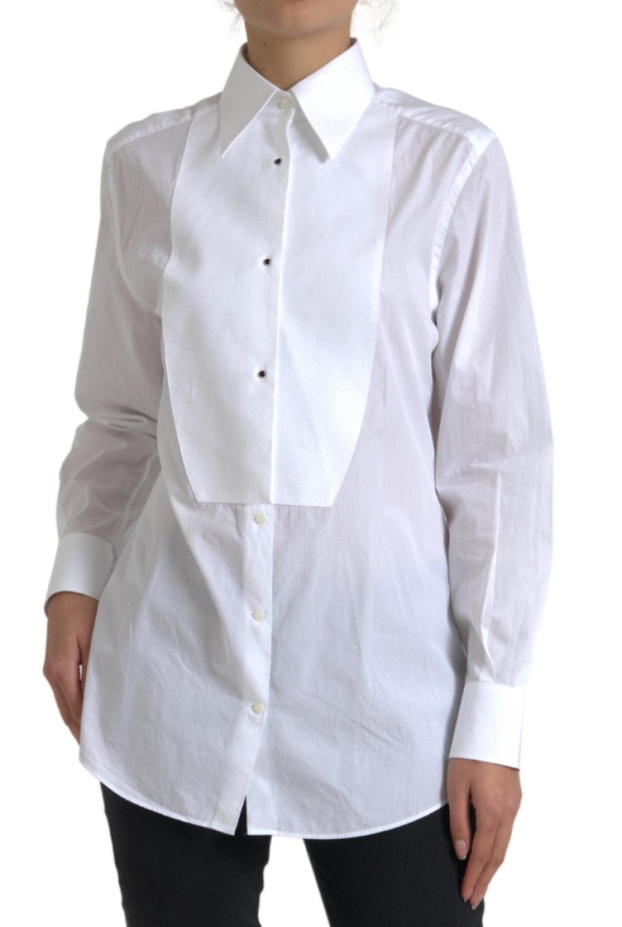 Women Dolce & Gabbana Women'S Shirts | Dolce & Gabbana Cotton Collared Long Sleeves Shirt White