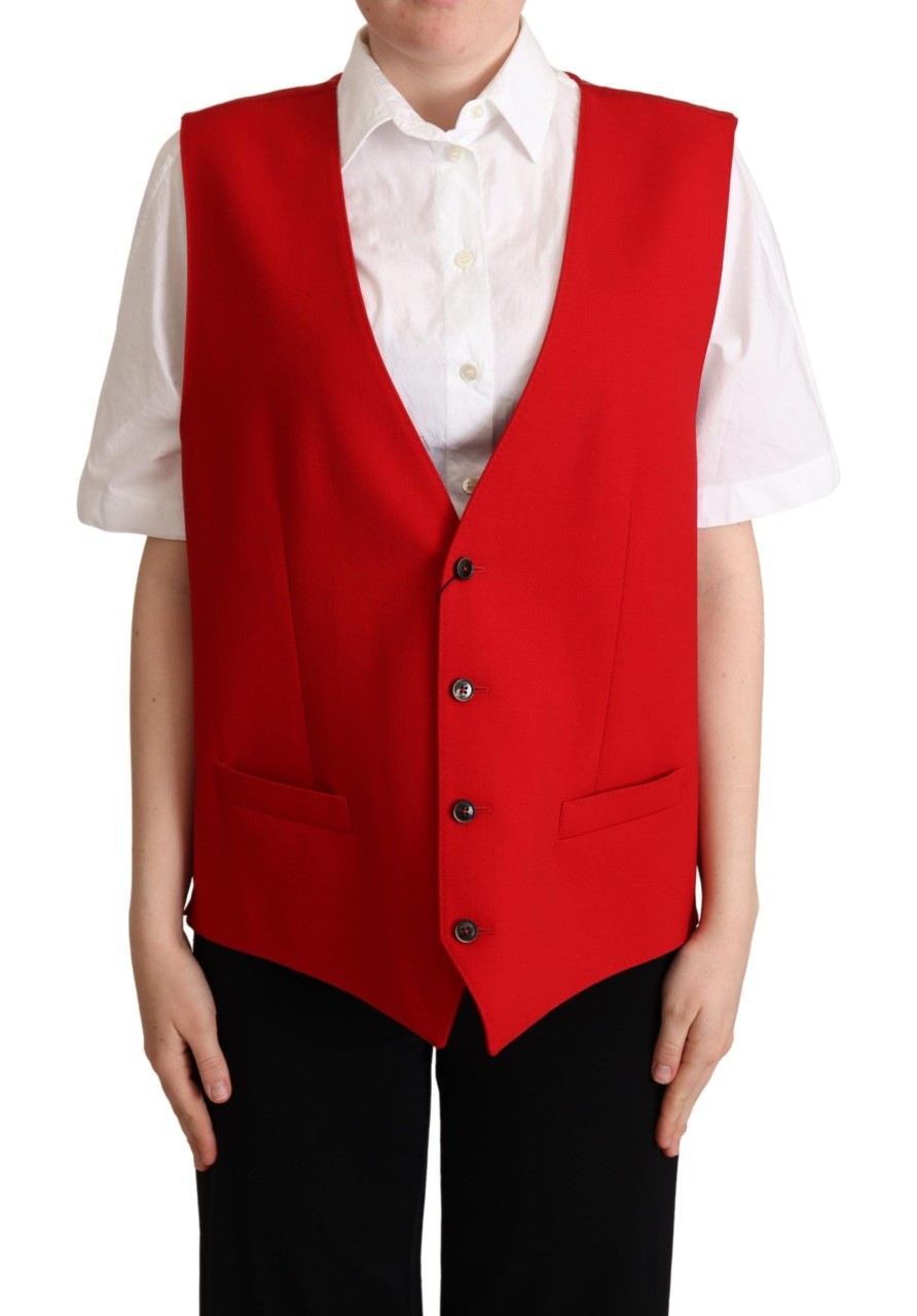 Women Dolce & Gabbana Women'S Vest | Dolce & Gabbana Red Virgin Wool Sleeveless Waistcoat Vest