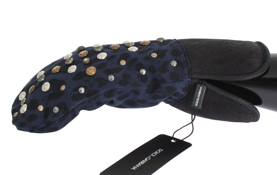 Men Dolce & Gabbana Men'S Gloves | Dolce & Gabbana Gray Wool Shearling Studded Blue Leopard Gloves