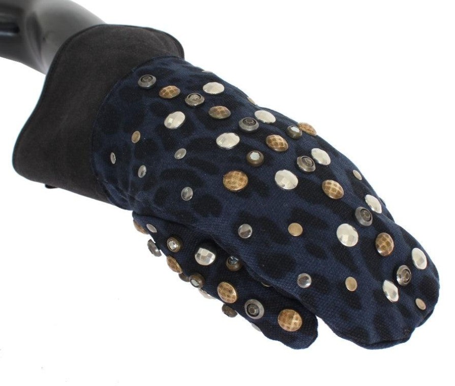 Men Dolce & Gabbana Men'S Gloves | Dolce & Gabbana Gray Wool Shearling Studded Blue Leopard Gloves