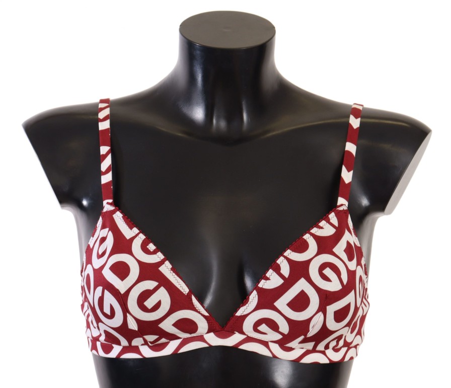 Women Dolce & Gabbana Women'S Swimwear | Dolce & Gabbana Red White Dg Print Non Wire Cotton Bra Underwear