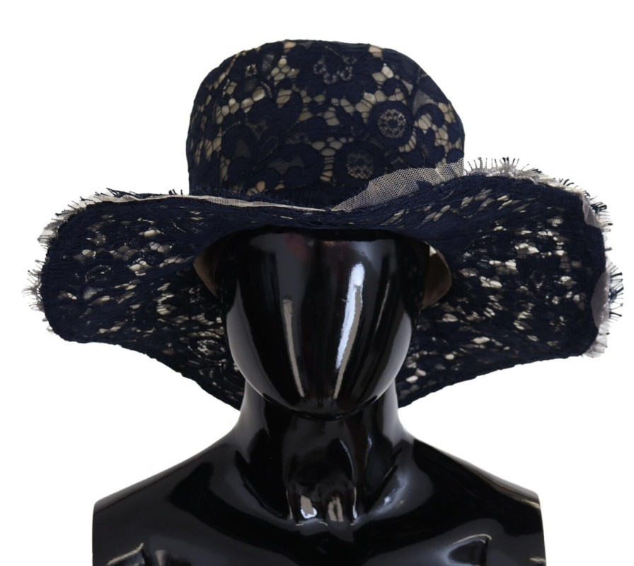 Women Dolce & Gabbana Women'S Hats | Dolce & Gabbana Blue Floral Lace Wide Brim Floppy Hat