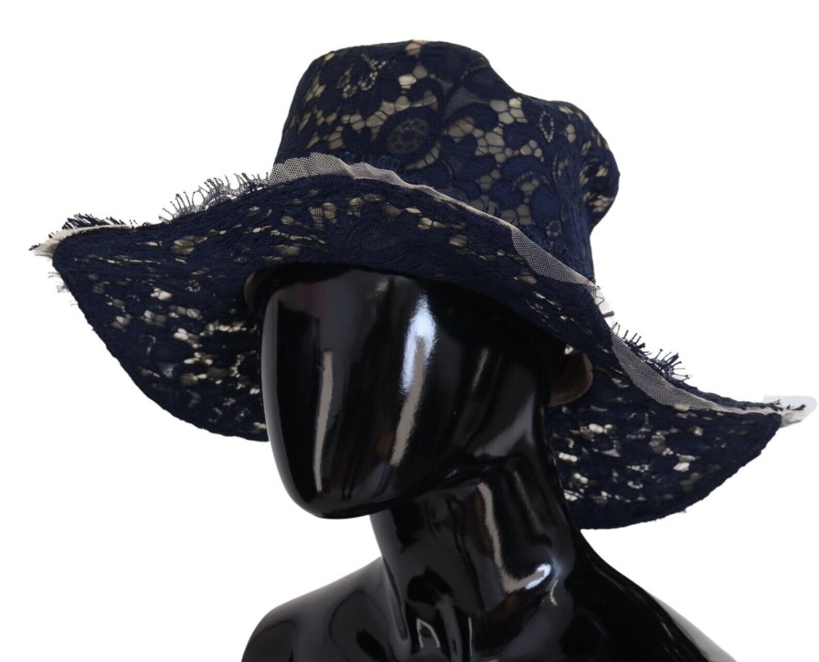 Women Dolce & Gabbana Women'S Hats | Dolce & Gabbana Blue Floral Lace Wide Brim Floppy Hat