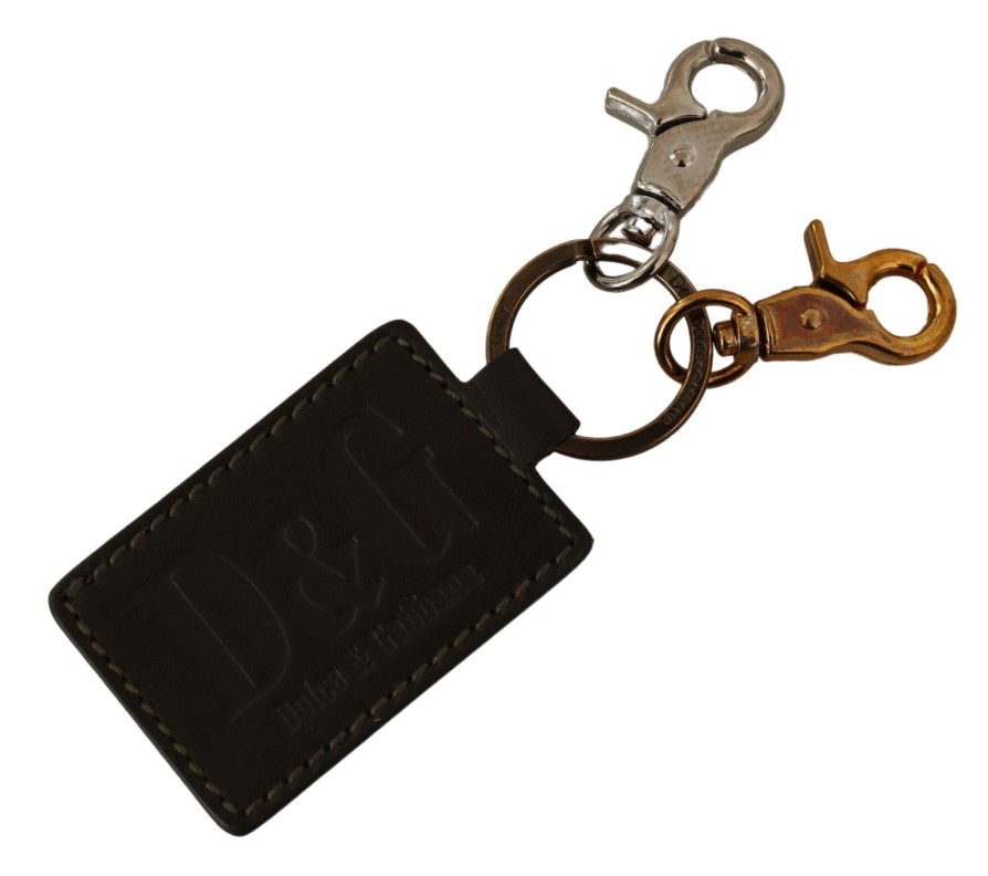 Men Dolce & Gabbana Men'S Keychains | Dolce & Gabbana Green Leather Ring Hook Logo Unisex Keychain