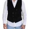 Men Dolce & Gabbana Men'S Vests | Dolce & Gabbana Black Cotton Double Breasted Waistcoat Vest